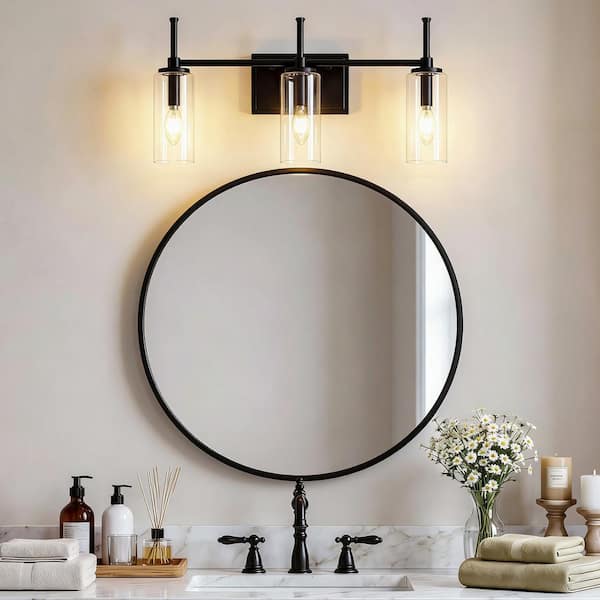 22 in. 3 Light Black Bathroom Vanity Light with Glass Shade, Reversible Mounting, E12 Base