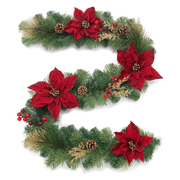 Home Accents Holiday 6 ft. Burgundy Poinsettia Gold Glitter Cedar and Mixed Pine Garland