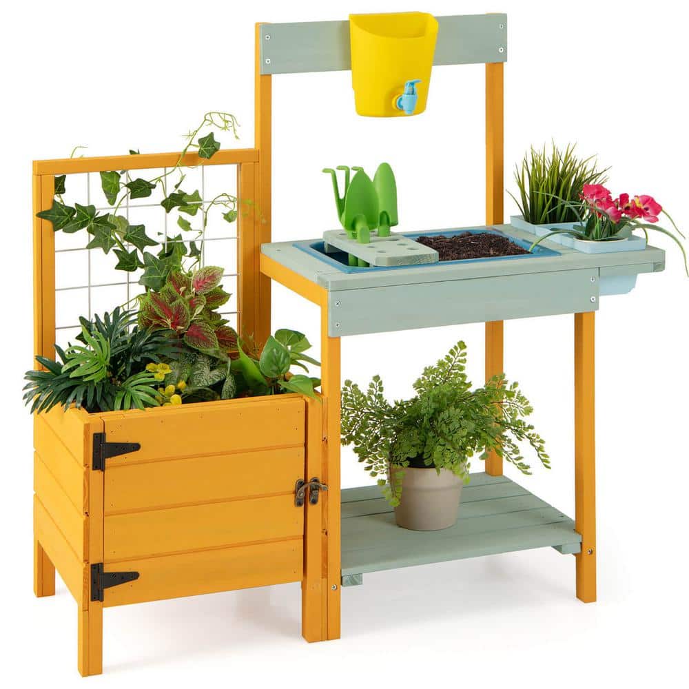 Gymax Wooden Potting Bench for Kids with See-Through Window Planter Box ...