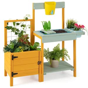 Wooden Potting Bench for Kids with See-Through Window Planter Box Garden Trellis