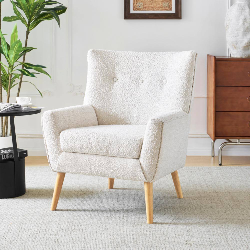 Contemporary White Boucle Upholstered Club Chair with Natural Wood Legs
