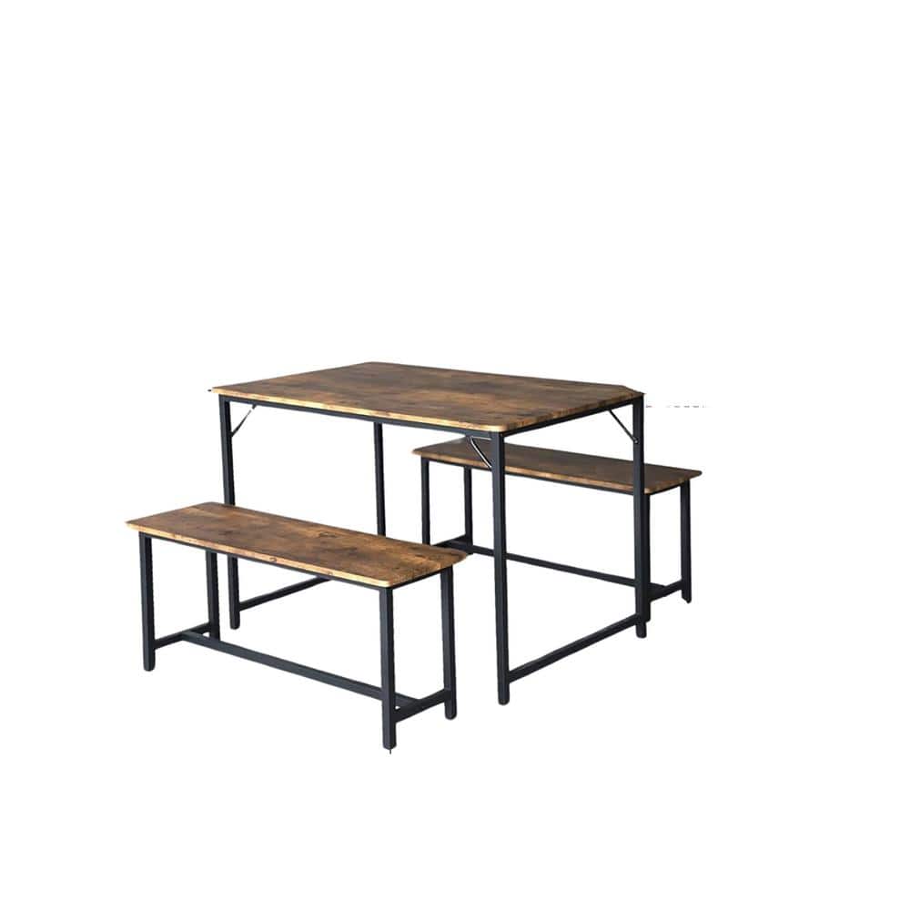 43 in. W x 29.5 in. H, Rustic Brown Wood Dining Table Set with 2 Benches fo