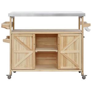 Natural Solid Wood Outdoor Kitchen Island, Rolling Grill Cart Storage Cabinet, with Stainless Steel Top, Spice Rack