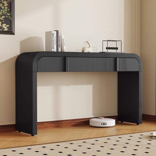 Harper & Bright Designs Stripe Design 55 in. Black Specialty Filleted Corner MDF Console Table with Adjustable Foot Pads and 2 Drawers