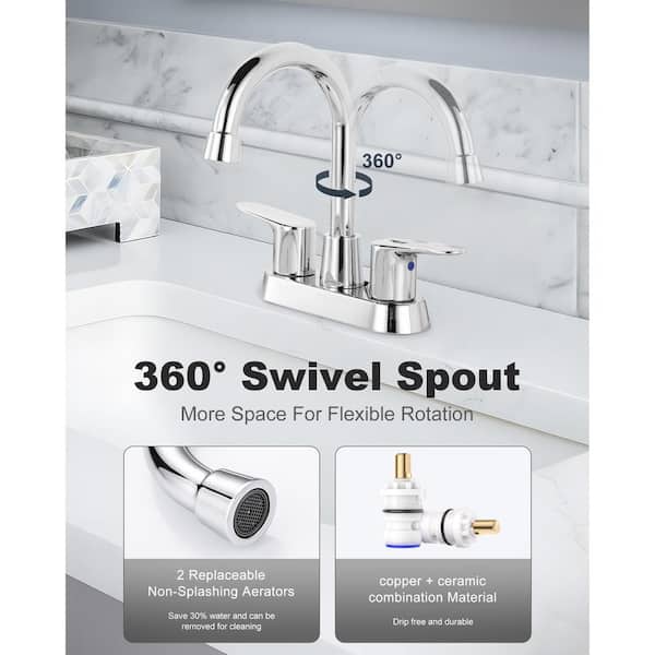 4 in. Centerset Double Handle Bathroom Faucet with Swivel Spout, Pop Up Drain and 24" Supply Lines in Polished Chrome