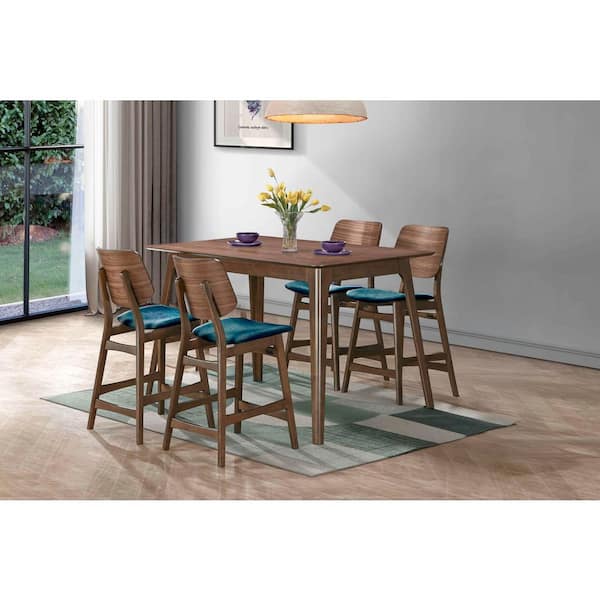 New Classic Furniture Oscar 5-Piece Rectangular Walnut/Teal Wood Top Counter Table Set with 4-Chair