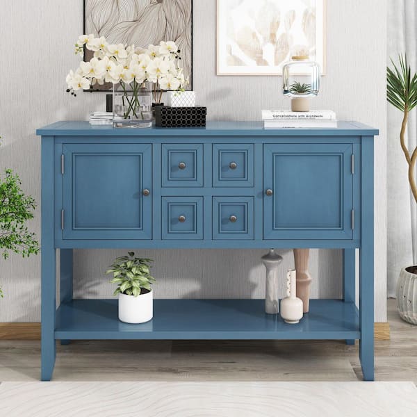 46 in. Navy Rectangle Wood Console Table with Bottom Shelf