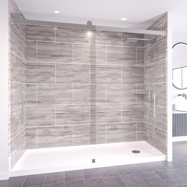NuVo Driftwood-Tetherow 60 in. x 32 in. x 99 in. Floor/Ceiling Base/Wall/Door Alcove Shower Stall/Kit Chrome Right