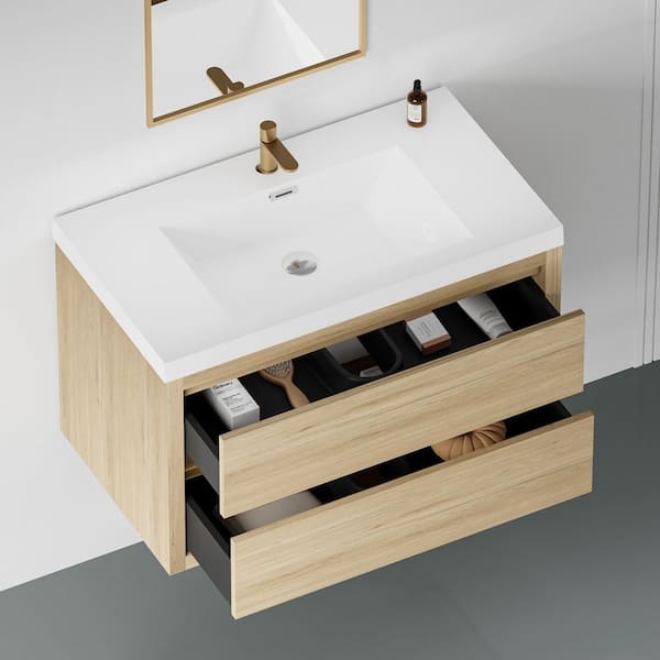 36 in. Single Sink Floating Oak Bath Vanity with White Resin Top (Assembled), Stone Resin Countertop, Water-Resistant