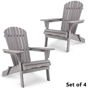 Classic Gray Solid Wood Outdoor Patio Folding Adirondack Chair, Half Assembled (Set of 4)