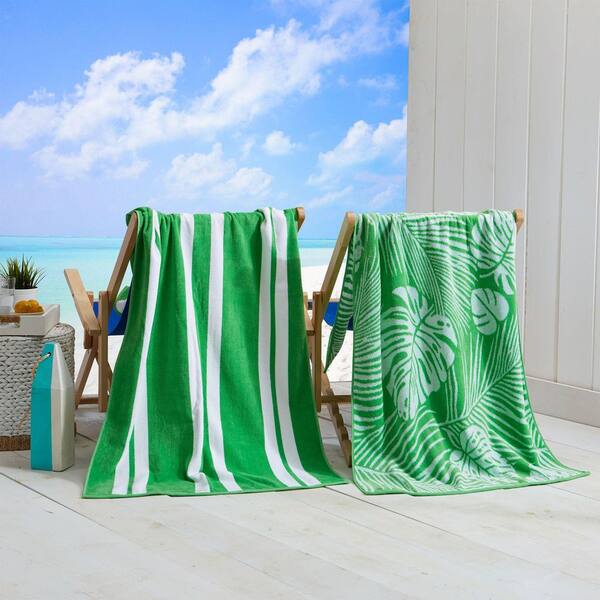 FRESHFOLDS Green/White Palm Leaf and Stripe 2-Pack 100% Cotton Printed Beach Towel