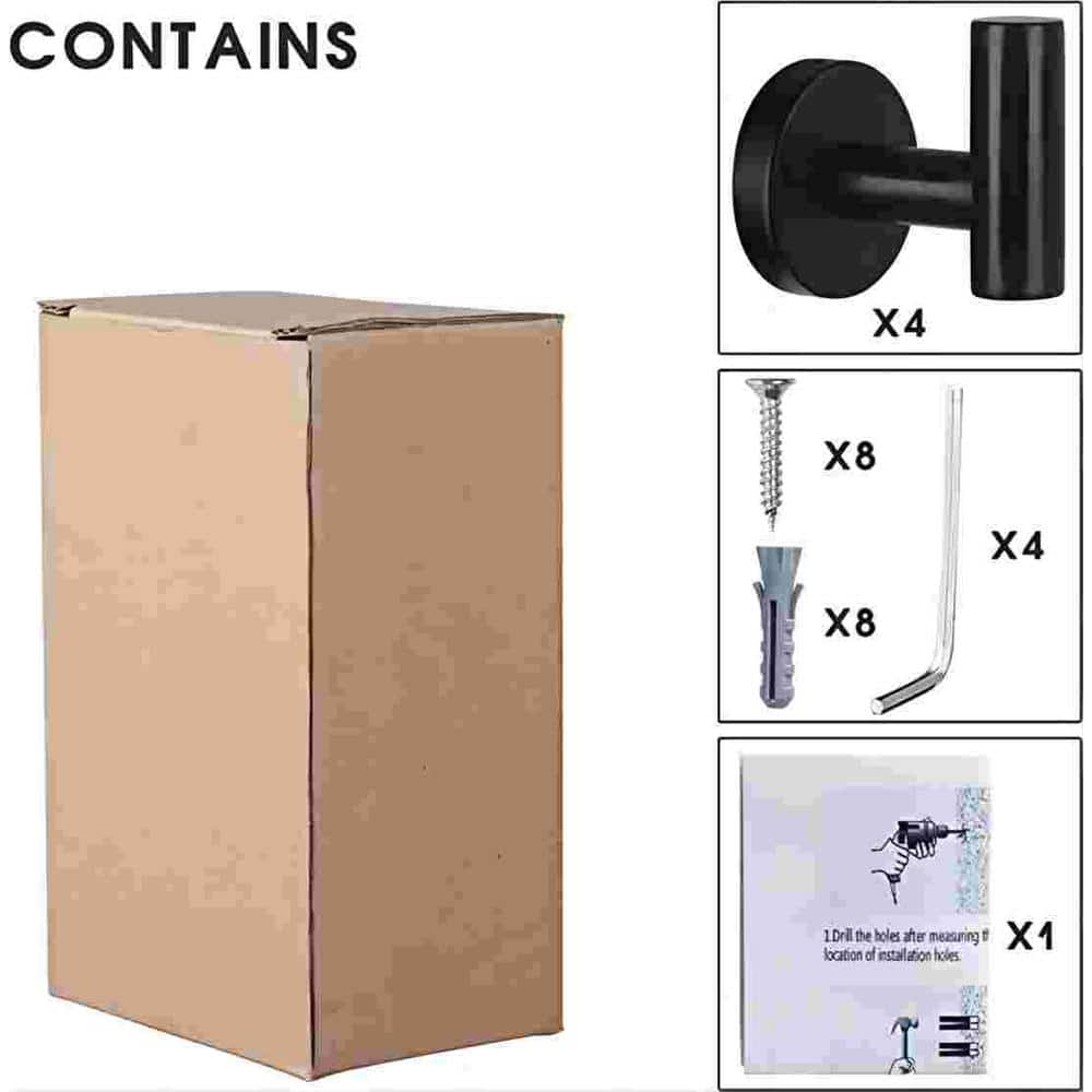 Matte Black Stainless Steel Wall Hooks for Bathroom and Kitchen, 8 Pack