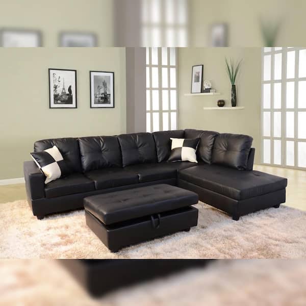 Star Home Living Black Faux Leather 3, Sectional Sofa With Chaise And Storage Ottoman