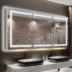 66 in. W x 36 in. H Rectangular Silver Aluminum Recessed/Surface Mount Medicine Cabinet with Mirror, LED and Clock