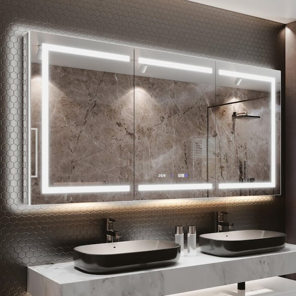 AZDHOME 66 in. W x 36 in. H Rectangular Silver Aluminum Recessed/Surface Mount Medicine Cabinet with Mirror, LED and Clock