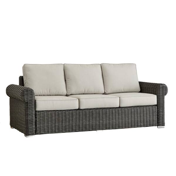 HomeSullivan Camari Charcoal Rolled Arm Wicker Outdoor Sofa with Beige Cushion