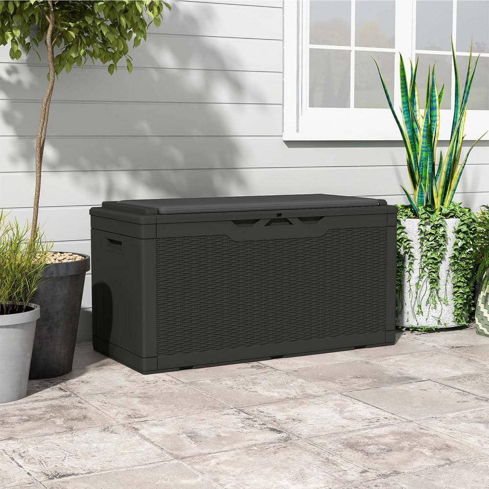 Black Polypropylene Wicker Lockable Deck Box, 100 Gallon