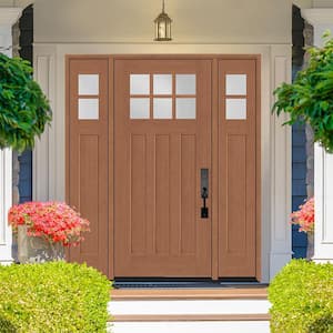 Regency 64 in. x 80 in. 6-Lite Top Lite Clear Glass LHIS Wheat Mahogany Fiberglass Prehung Front Door 12 in. Side Lites