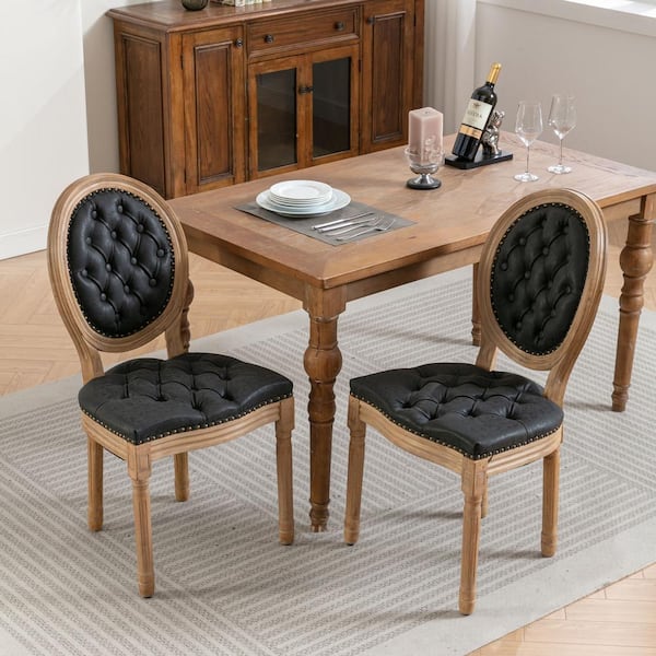 Polibi French Style Solid Wood Frame PU Leather Upholstered Dining Chair with Nailhead Trim(Set of 2)Black
