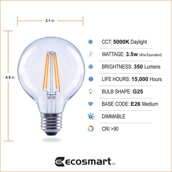 EcoSmart G25 LED Globe Bulb – 40W Equivalent, Soft White, Dimmable, Indoor/Outdoor, 3-Pack