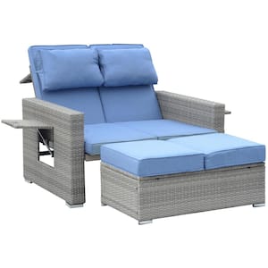 Blue Wicker Outdoor Loveseat Chaise Lounge with Coffee Table Set Blue Cushions for Garden, Pool, Backyard