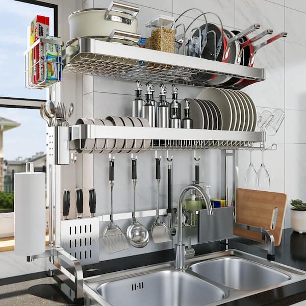 Over the Sink 3 Tier Adjustable Length Full Stainless Steel Large Storage Kitchen Dish Rack  for Kitchen Counter, Silver