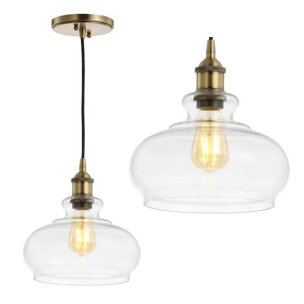 Wyatt 9.5 in. 1-Light Brass Gold Adjustable Drop Pharmacy Metal/Glass LED Pendant