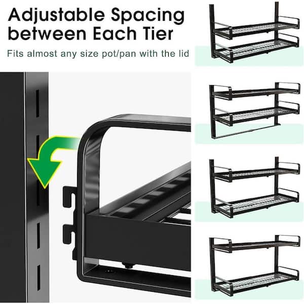 Lynzavix Black Expandable Wall Mounted Pot Rack 2 Tier Adjustable