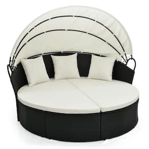 Metal PE Rattan Outdoor Sectional Clamshell Patio Round Daybed with Retractable Canopy and Pillows, Off White Cushions