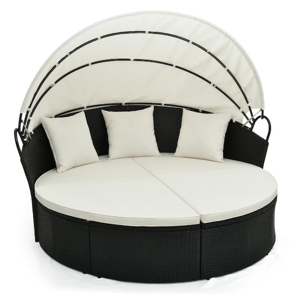 ANGELES HOME Metal PE Rattan Outdoor Sectional Clamshell Patio Round Daybed with Retractable Canopy and Pillows, Off White Cushions