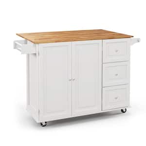 53 1/2 in. Rubber Wood Kitchen Island Trolley Cart with Drop-Leaf Tabletop and Storage Cabinet-White