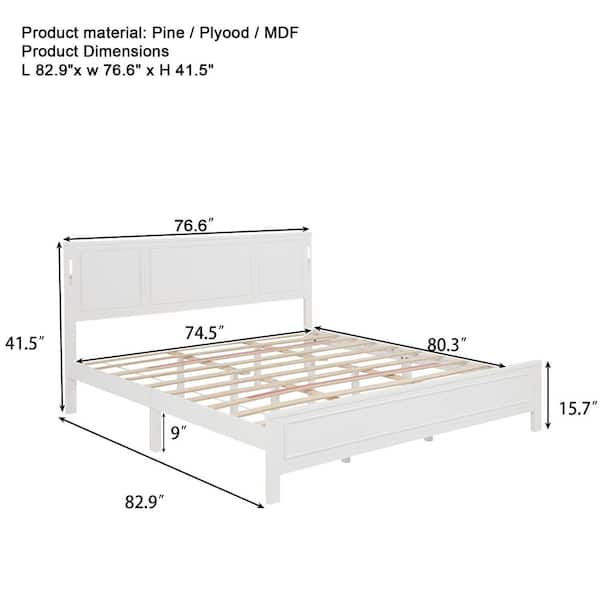 Bed Frame with LED Light and USB Charging, White Solid Wood Frame King Platform Bed with Headboard, No Box Spring Needed