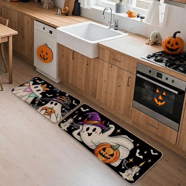2 ft. x 4 ft. Black Halloween Cute Witch Ghost Pattern 2-Piece Set for Kitchen and Home Decor, Area Rug