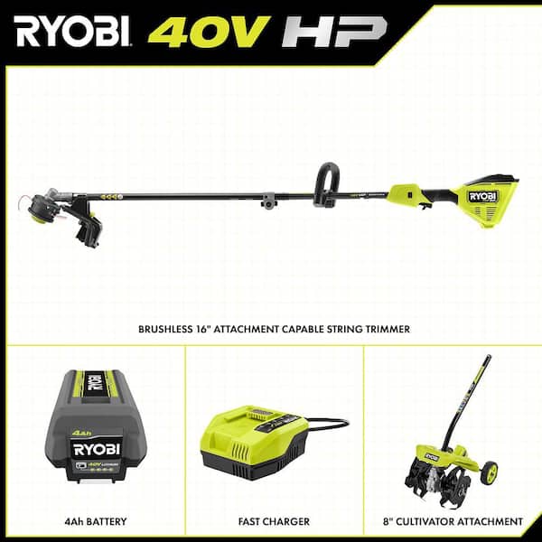 40V HP Brushless 16 in. Cordless Attachment Capable String Trimmer & Tiller w/4.0 Ah Battery & Charger