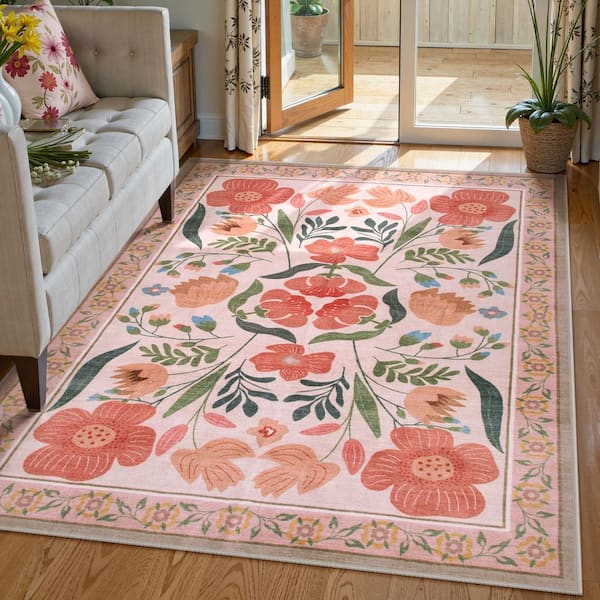 Cottagecore Floral Washable Non-Slip Beige 5 ft. x 7 ft. Area Rug