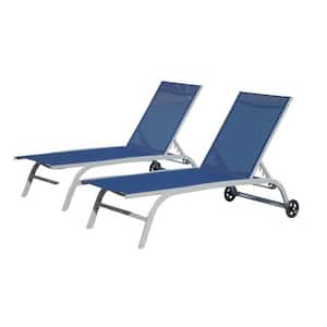 Blue 2-Piece Aluminum Metal Outdoor Chaise Lounge Set with Wheels All Weather 5-Adjustable Backrest Reclining Position