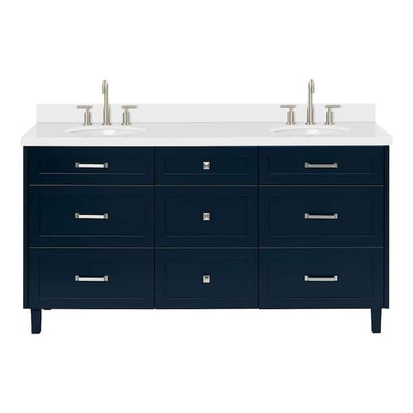 ARIEL Monroe 66 in. Double Sink Freestanding Bathroom Vanity in Midnight Blue with Pure White Quartz Top