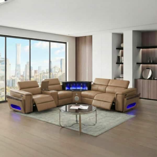 Caramel Modern Sectional – Power Recliners, Bluetooth, LED Bar, USB & Wireless Charging