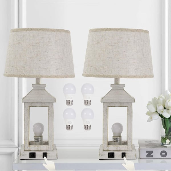 20.9 in. Vintage Lantern White Gold 3-Way Touch Control Dimmable Table Lamp with Fabric Shade and 2-USB ports (2-pack)