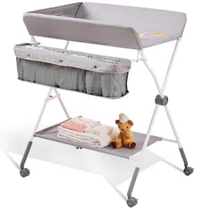 Portable Baby Changing Table 3-Level Adjustable Height Folding Baby Changing Station Lockable Wheel Storage Basket