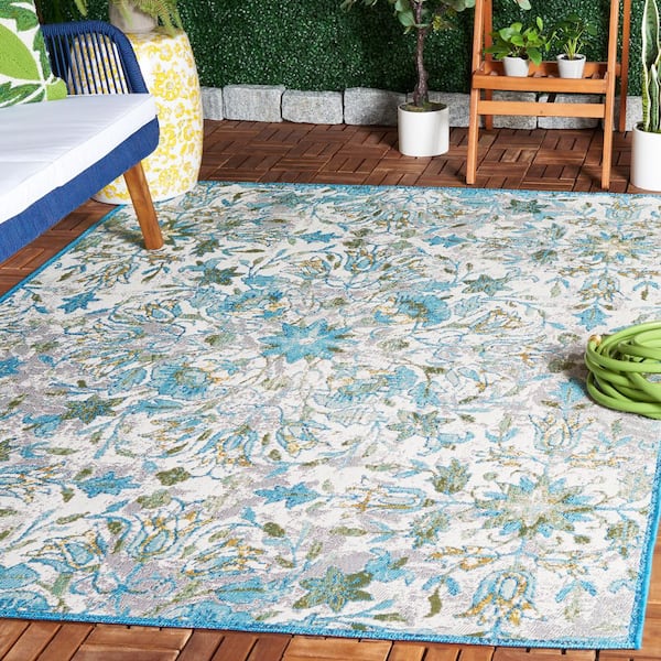 Barbados Ivory/Light Blue 5 ft. x 8 ft. Floral Medallion Indoor/Outdoor Area Rug
