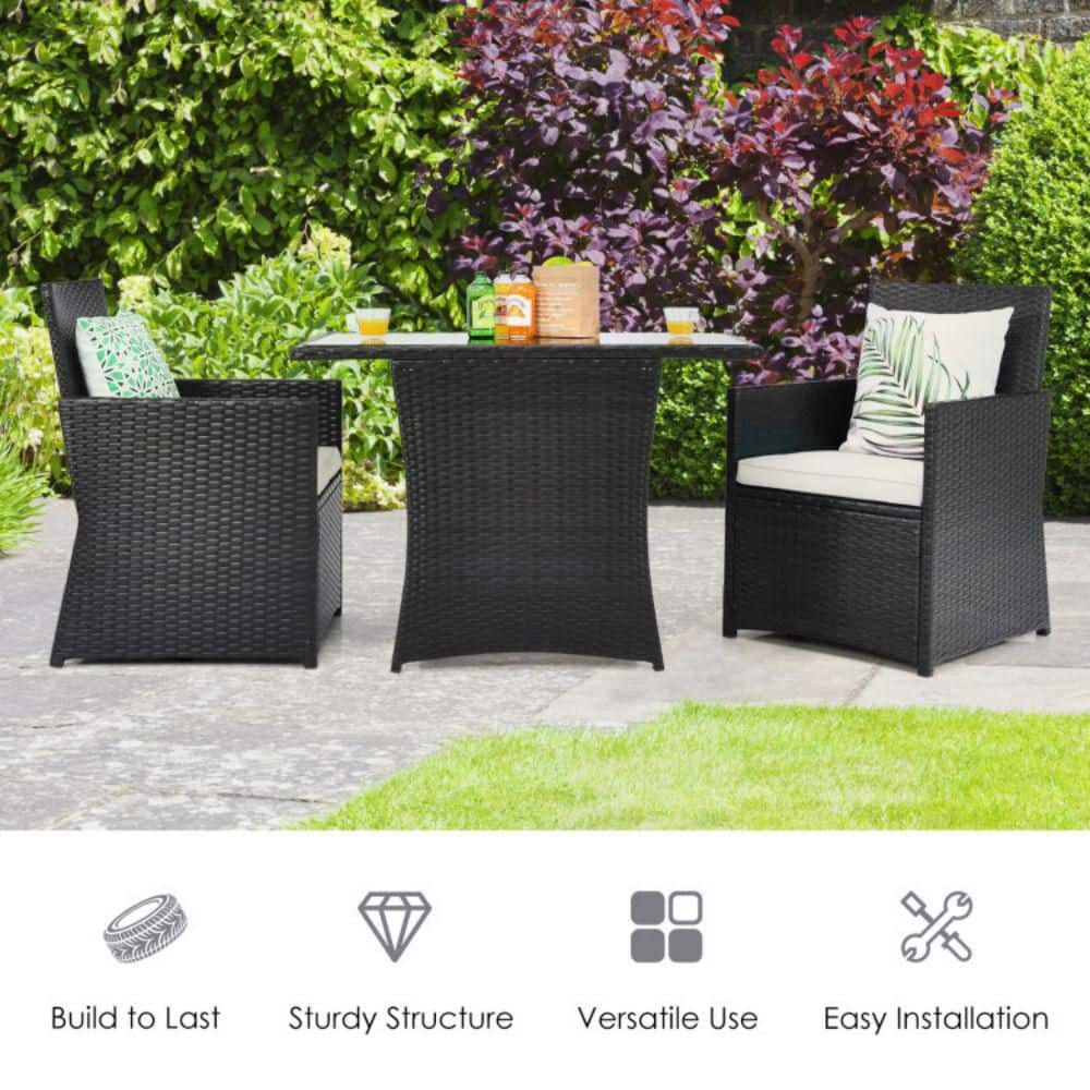 3-Piece Black Steel and Glass Patio Bistro Set with White Cushions