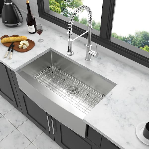 Unbranded 33 in. Farmhouse Single Bowl 16 Gauge Brushed Nickel Stainless Steel Kitchen Sink with Bottom Grid