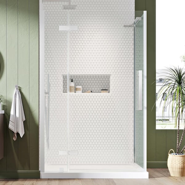 Breeze 32 in. L x 32 in. W x 76.97 in. H Corner Shower Kit with Clear  Framed Sliding Door in Satin Nickel and Shower Pan