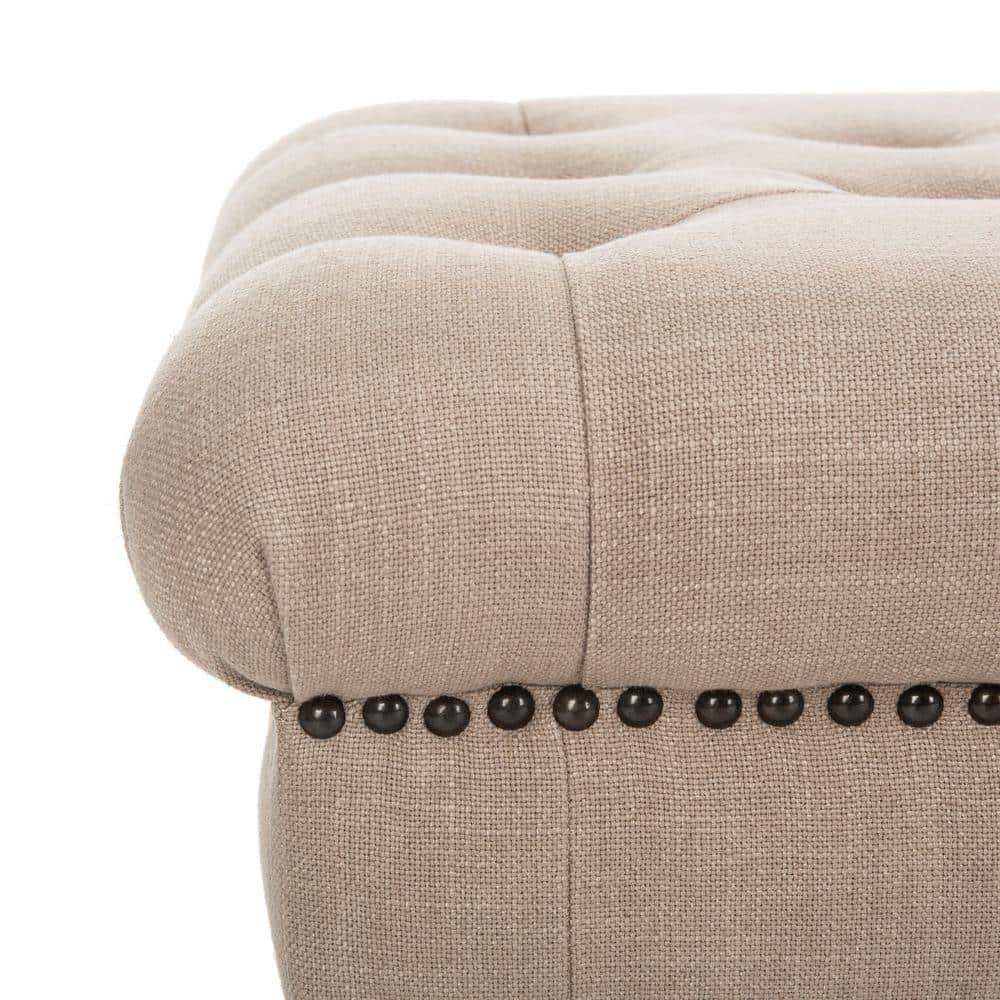 Taupe Linen-Poly Blend Bench with Turned Oak Legs
