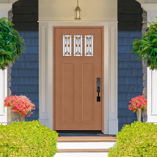 Regency 36 in. x 80 in. 3-Lite Amberton Decorative Glass LHIS Autumn Wheat Stain Fir Grain Fiberglass Prehung Front Door