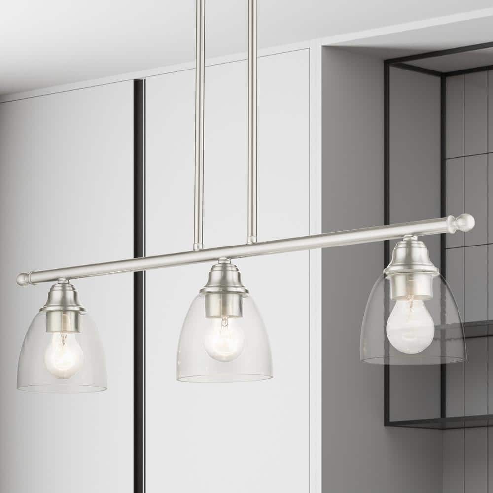 Elegant Brushed Nickel 3-Light Linear Chandelier with Hand-Blown Glass Shades