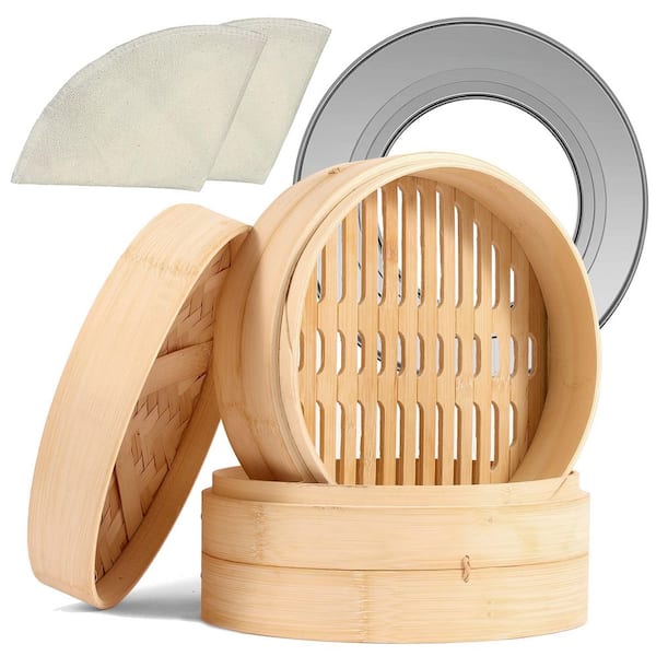 2-Tier 10 in. Bamboo Steamer Basket for Cooking Dim Sum, Natural Chinese Steam Baskets with Stainless Steel Ring Set