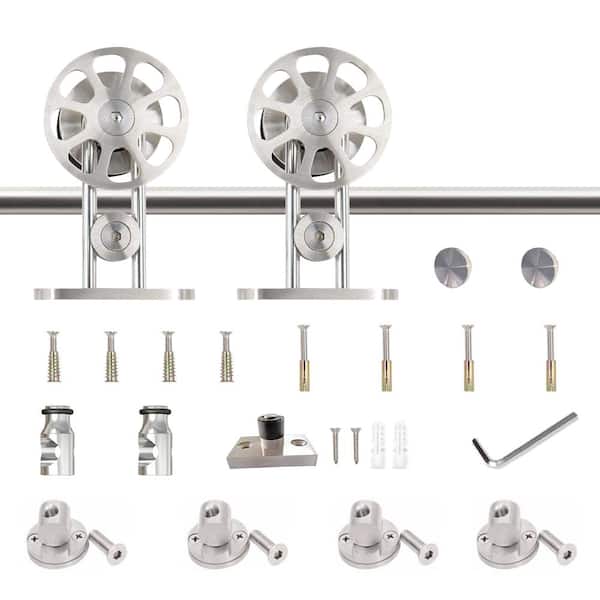 8 ft./96 in. Stainless Steel Sliding Spoke Wheel Barn Door Hardware Kit for Double Door with Non-Routed Floor Guide 8 ft./96 in. Stainless Steel Sliding Spoke Wheel Barn Door Hardware Kit for Double Door with Non-Routed Floor Guide