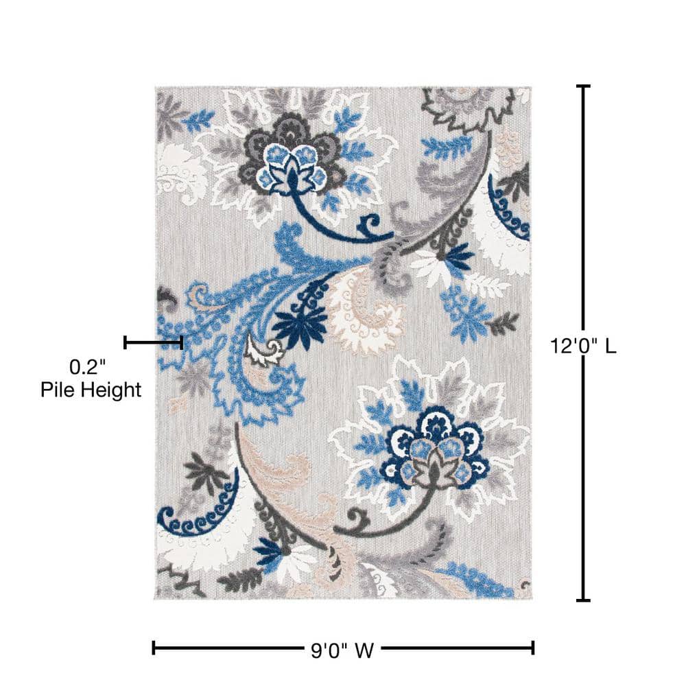 Elegant Gray Floral 9' x 12' Synthetic Easy-Care Area Rug